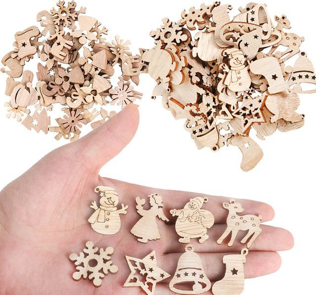 50 Stück Natürliche Holz-Chips als Weihnachtsanhänger mit Santa Claus und Schneeflocken für deine DIY-Dekorationen in Braun - Bild 1
