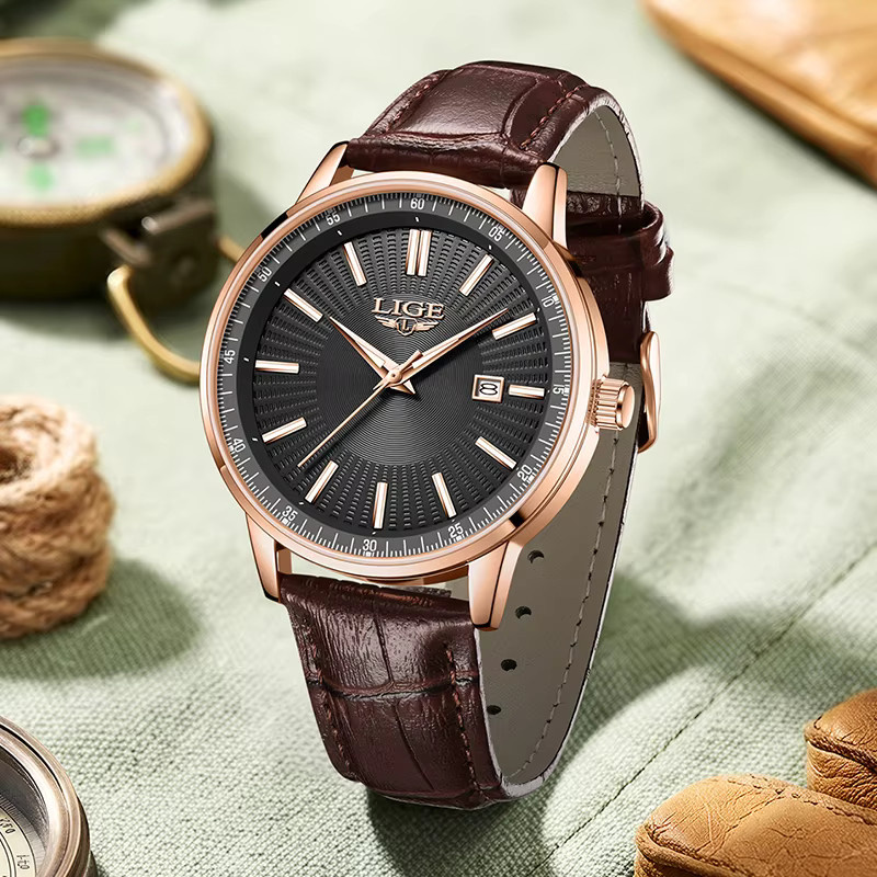LIGE Armbanduhr Chronograph, Quarz, Leder, Schwarz, Roségold, Herren - Bild 4
