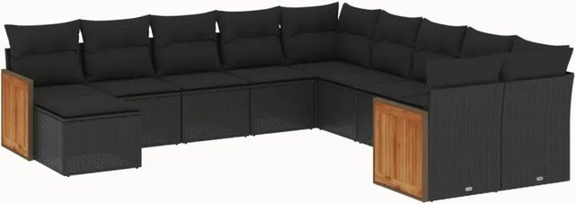vidaXL 11-teilige Garten-Sofagarnitur in U-Form aus Polyrattan und Akazienholz mit Kissen, Schwarz - Bild 1