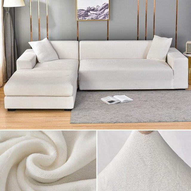 Elastischer Samt-Sofabezug von Your Warm Home in Weiß für 3-Sitzer Ecksofas, Breite: 230 cm - Bild 1