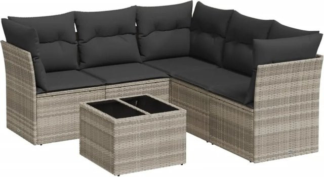 vidaXL 6-teilige Garten-Sofagarnitur aus Polyrattan in Hellgrau mit Tisch und Kissen inklusive Stauraum - Bild 1