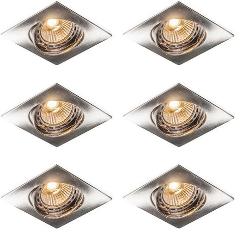 QAZQA Set mit 6 quadratischen Einbaustrahlern aus Edelstahl in Silber, dimmbar und schwenkbar, GU10, Warmweiß