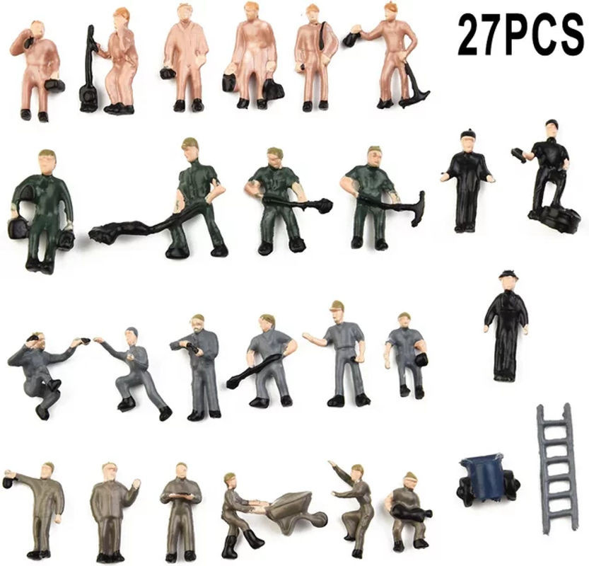 27 Stück Modellbau Figuren Set Eisenbahn Arbeiter mit Werkzeug im Maßstab 1:87 HO Multicolor - Bild 1