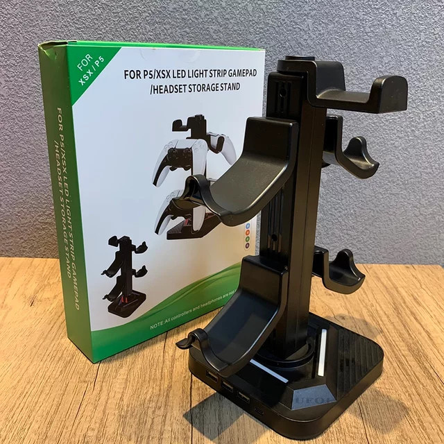 MBCHIPSTAR 2-lagiger Controller-Halter für PS5 und XSX mit LED-Lichtstreifen in Schwarz zur Aufbewahrung von Gamepads und Headsets - Bild 1