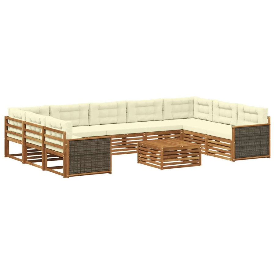 vidaXL Outdoor-Sofagarnitur aus Massivholz Akazie in L-Form, 10-teiliges Set in Natur und Beige mit wetterfesten Polstern - Bild 2
