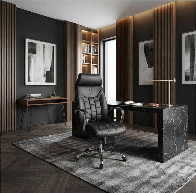 KADIMA DESIGN Bürostuhl aus Echtleder in Schwarz mit Armlehnen und Wippfunktion, drehbar, belastbar bis 120 kg - Bild 1