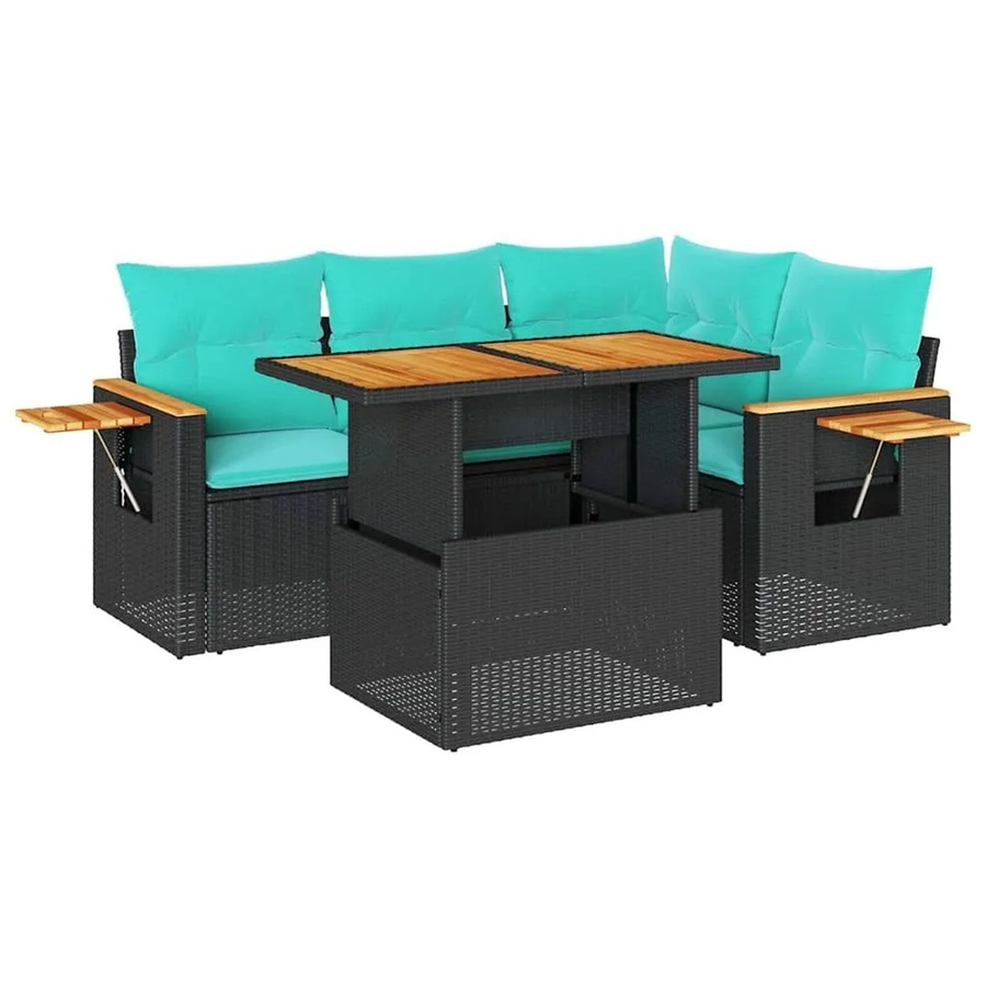 vidaXL 5-teilige Garten-Sofagarnitur in L-Form aus Polyrattan und Akazienholz mit Kissen in Schwarz - Bild 2
