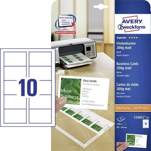 Avery Zweckform Visitenkarten Weiß, bedruckbar, 25 Stück, 200 g/m2 - Bild 1