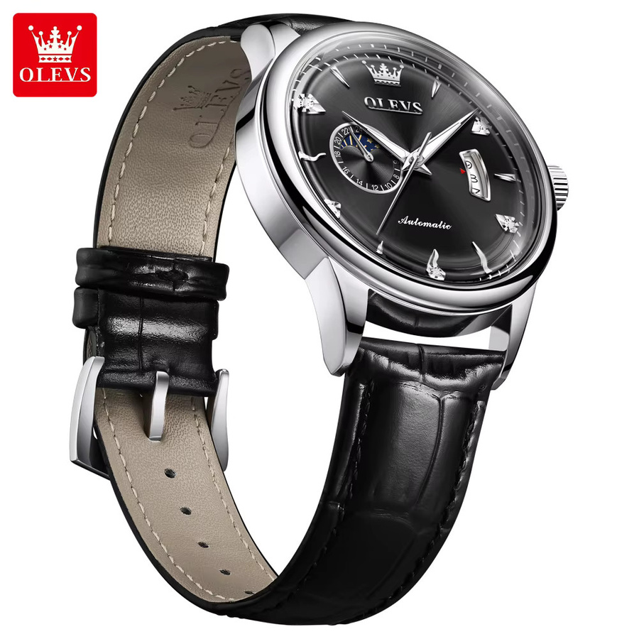 OLEVS Armbanduhr Automatik, Silber, Leder, Herren - Bild 2