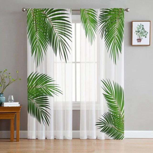 Yiran Furniture Chiffon-Vorhang mit Palmblatt-Design in Grün, transparentes Voile für Wohnzimmer und Schlafzimmer, B: 135 cm, H: 115 cm - Bild 1