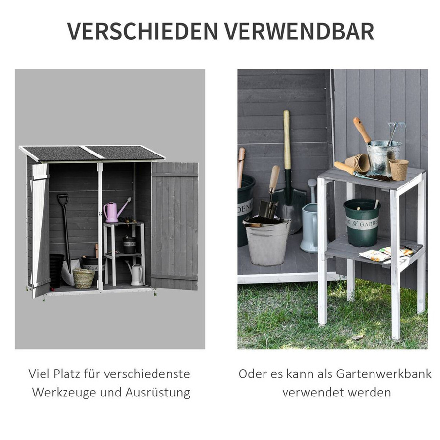 Outsunny Gartenschrank aus Tannenholz mit 2 Türen und Asphaltdach in Grau und Weiß, B/T/H: 139 x 75 x 160 cm - Bild 6