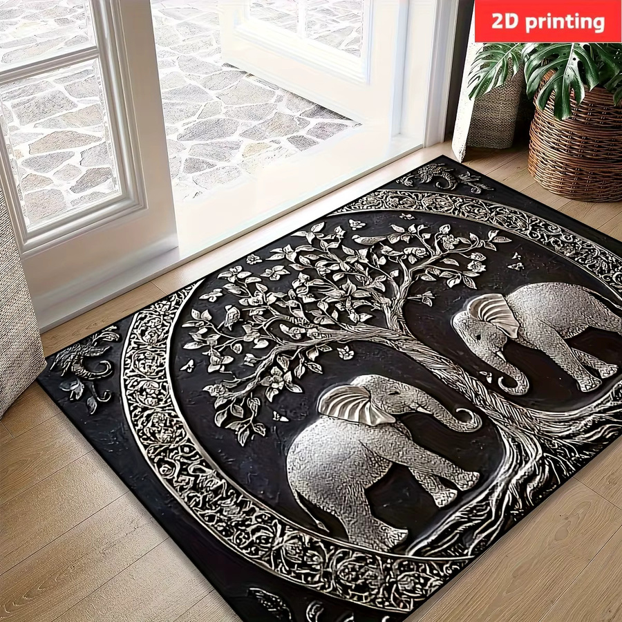 VIKAMA Vintage-Teppich mit Elefantenmuster in Schwarz, rutschfester Polyester-Teppich für Badezimmer, Küche, Schlafzimmer oder Eingangsbereich - Bild 2