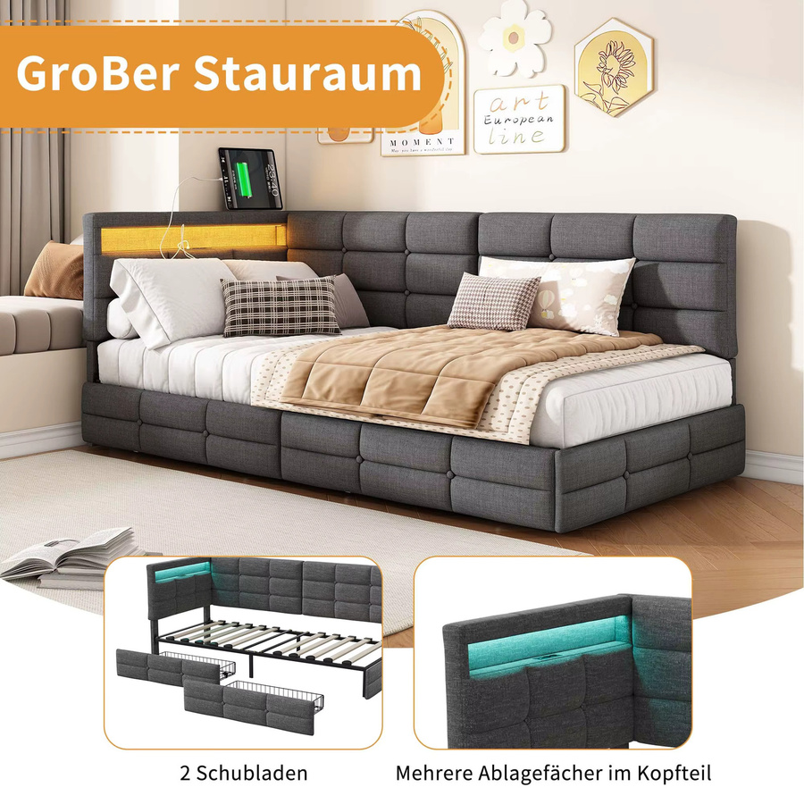 FANGANGE L-förmiges Polsterbett aus Leinen mit LED-Streifen und Stauraum, B/T: 90 x 200 cm, Beige & Grau - Bild 3