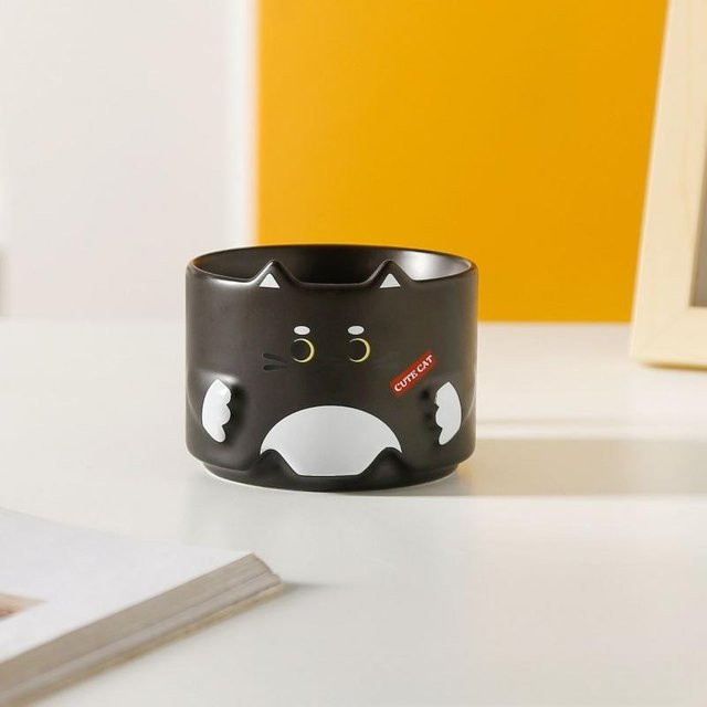 Niedliche Katze Keramik Tasse mit Cartoon-Design, schwarz, 300 ml, stapelbar von Yiran Furniture - Bild 1