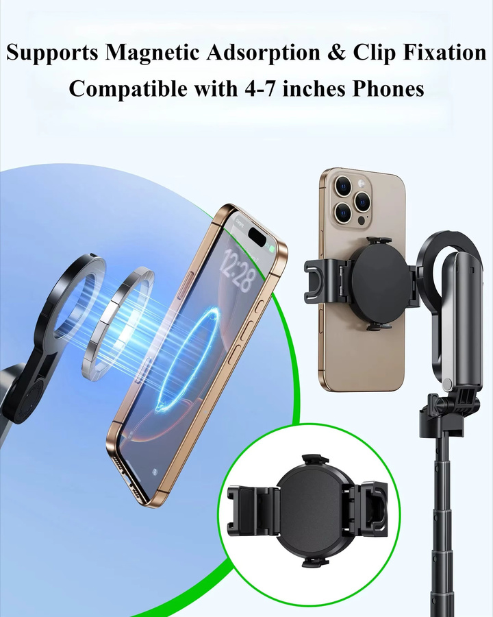 Eary Ausziehbarer Selfie-Stick Stativ mit Kabelloser Fernbedienung und Magnetischem Telefonhalter in Schwarz, 360 Grad Drehbarer Ständer für iPhone und Samsung - Bild 3
