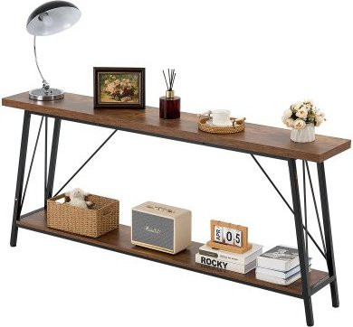 VEVOR schmaler Konsolentisch im Bauernhaus-Stil, 2-stufiger Eingangstisch mit Metallrahmen aus Kohlenstoffstahl und MDF-Melaminfurnier, B/T/H: 180 x 30 x 80 cm, Schwarz/Braun - Bild 1