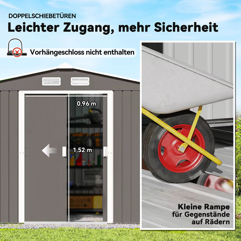 Outsunny Metall Gerätehaus Gartenhaus mit Fundament, wetterfest, Grau, B/T/H: 277 x 195 x 192 cm - Bild 7