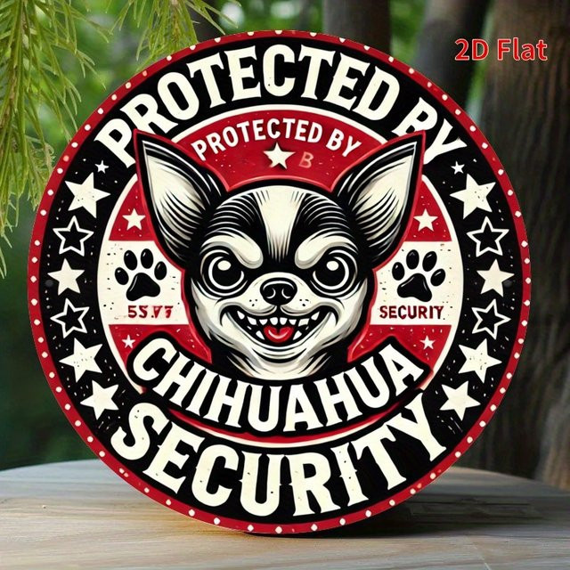 Potdemiel Metallschild Protected by Chihuahua Security mit rotem Sternen-Design, runde Wanddekoration für Zuhause und Büro, Durchmesser: 20 cm - Bild 1