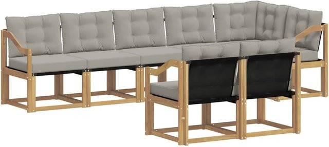 vidaXL Outdoor-Sofagarnitur 8-teilig aus Akazienholz und Textilene in Weiß-Hellgrau mit Kissen und Armlehnen - Bild 1