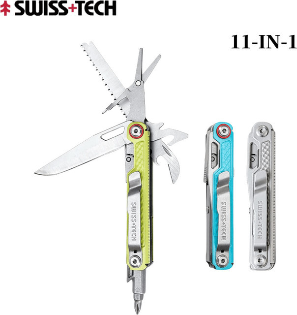 SWISS TECH 11-in-1 Multifunktionswerkzeug in Silber, tragbares Klappmesser und taktisches EDC-Campingwerkzeug mit Schere - Bild 1