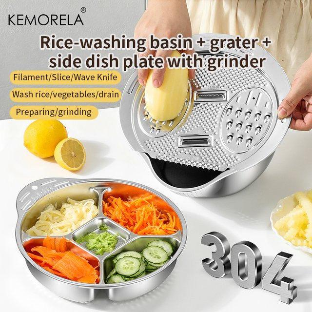 KEMORELA 3-in-1 Reiswaschschüssel aus Edelstahl in Silber, rundes Multi-Sieb zum Waschen und Entleeren von Reis, Obst und Salat, platzsparend und zusammenklappbar - Bild 1