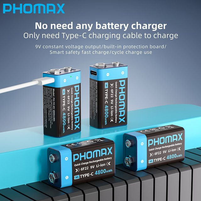PHOMAX 9V 4800mWh Li-Ionen-Akku 6F22 mit USB-C Anschluss für Rauchmelder, Multimeter und medizinische Geräte - Bild 1