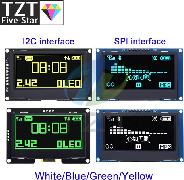TZT 2,42 Zoll LCD-Bildschirm Weiß Gelb 128 x 64 OLED-Anzeigemodul mit IIC I2C SPI Schnittstelle für C51 SPD0301 - Bild 1