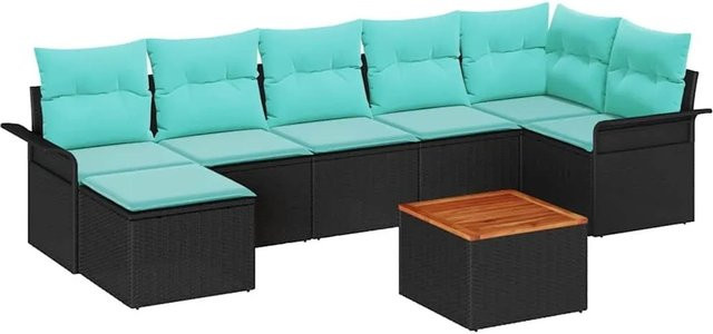 vidaXL Gartensofa-Set 8-teilig aus Poly-Rattan und Akazienholz in Schwarz und Türkis mit Polstern und Tisch - Bild 1