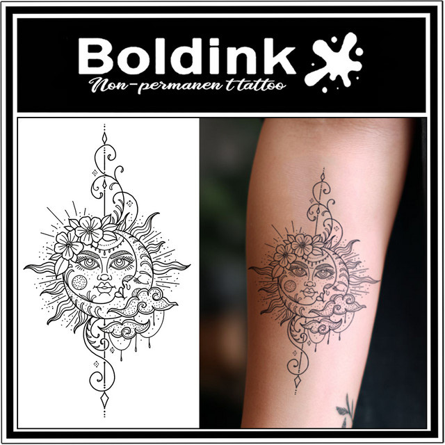 BOLDINK Tattoo-Aufkleber, Sonne-Mond-Kombination, Blumen- und Wolkendekor, Unisex - Bild 1