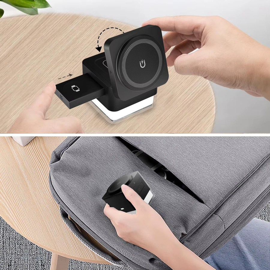 VEERNOO 3-in-1 Magnetisches Kabelloses Ladegerät Faltbar in Schwarz mit 15W Schnellladefunktion und Nachtlicht für iPhone, Apple Watch und AirPods - Bild 4