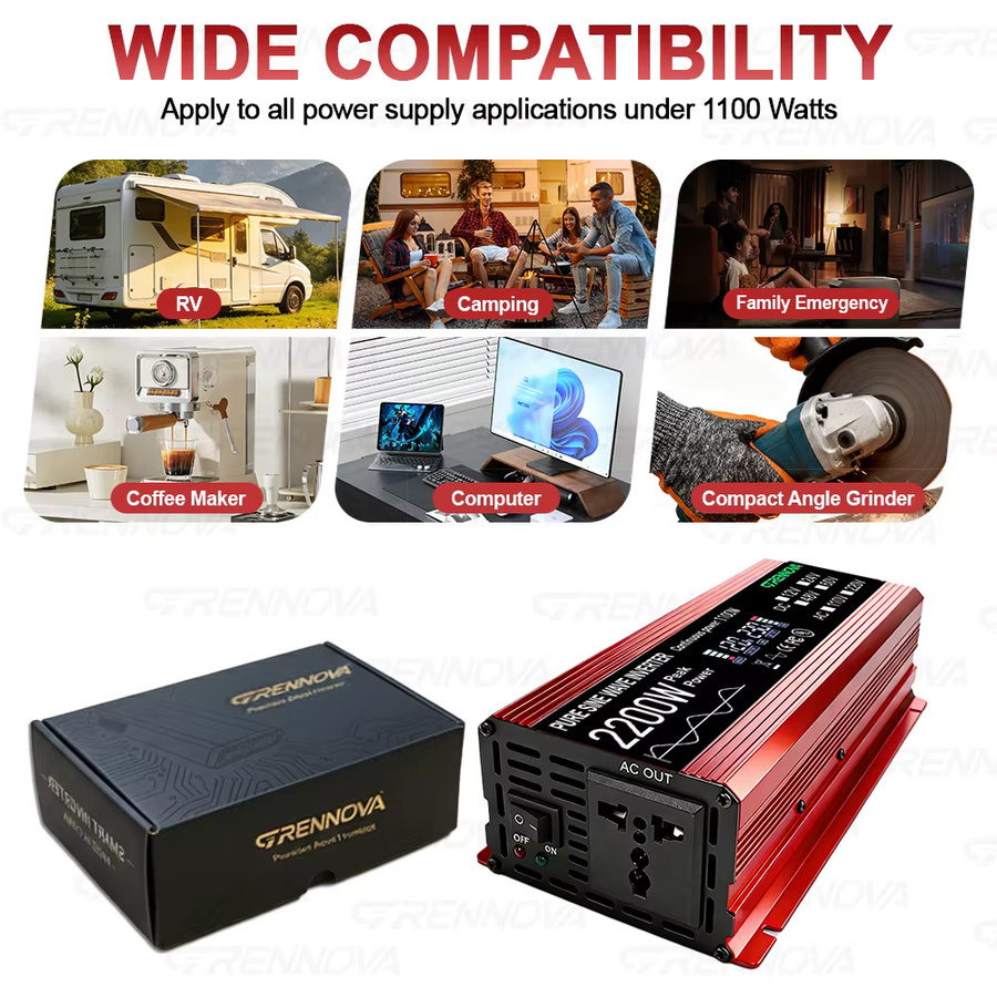 GRENNOVA Reiner Sinus-Wechselrichter 2200W DC 12V 24V 48V zu AC 110V 220V mit 1100W Nennleistung in Rot für Haus, Wohnmobil, LKW und Solarsystem - Bild 6