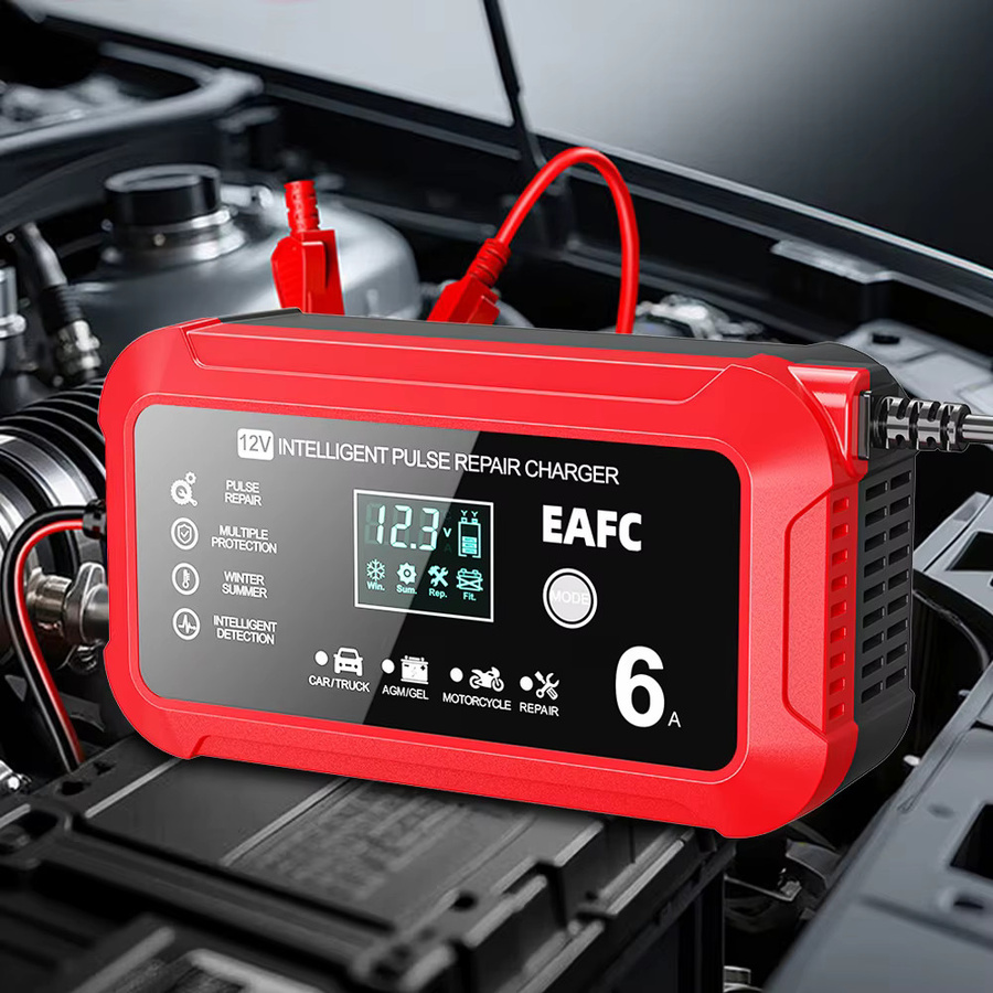 EAFC Intelligentes Impuls-Reparatur-Ladegerät 12V 6A in Rot mit LCD-Display und 6 Schutzfunktionen für Auto, Motorrad sowie AGM/GEL-Batterien - Bild 2
