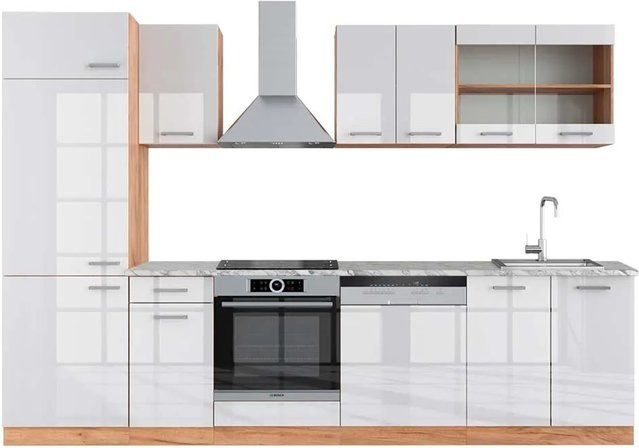 Vicco R-Line Küchenzeile Weiß Hochglanz und Goldkraft Eiche mit Marmor-Optik, Breite: 300 cm, Höhe: 207 cm, Tiefe: 60 cm - Bild 1