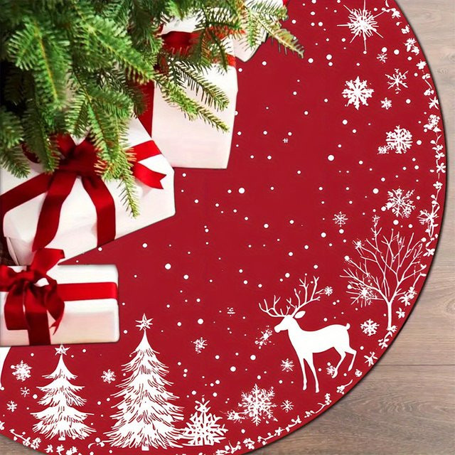 VIKAMA Weihnachtsbaum Basis Abdeckung mit Rote Schneeflocken und Rentier Design, runde Baumdecke aus Textil in Rot - Bild 1