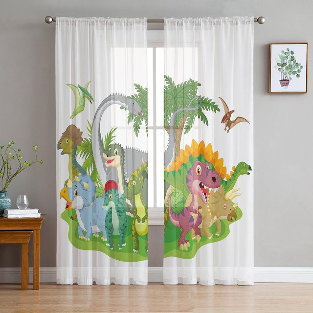 Cartoon Dinosaurier Vorhang aus weißem Tüll und Organza für Kinderzimmer und Wohnzimmer, Breite: 135 cm, Höhe: 115 cm - Bild 1