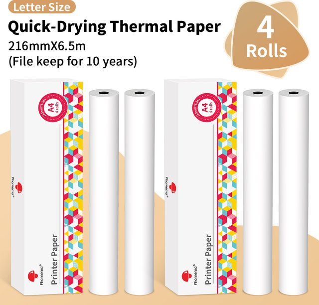 Phomemo A4 Thermopapier Weiß für M08F M832-Drucker M834 M835, 4 Rollen zum schnellen Drucken von Dokumenten und Lernnotizen - Bild 1