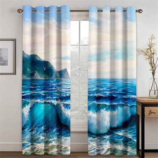 Dekorative Vorhänge mit Strand Ozean und roten Wolken Motiv, 2er Set, Blau und Rot, B: 50 cm, H: 130 cm - Bild 1