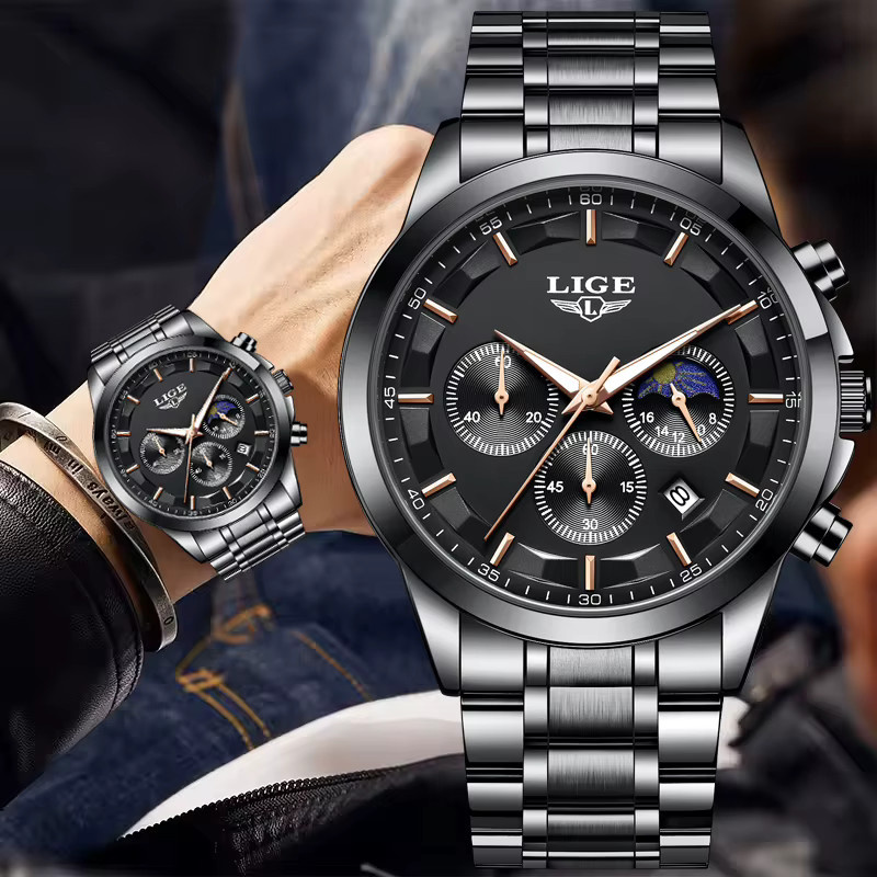LIGE Chronograph, Quarz, Edelstahl, Schwarz, Silber, Herren - Bild 6