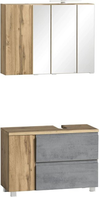 Held Möbel Ancona 2tlg Unterbecken-Set für das Badezimmer mit Unterbecken-Schrank und Spiegelschrank in Betongrau-Wotaneiche, Breite: 85 cm - Bild 1