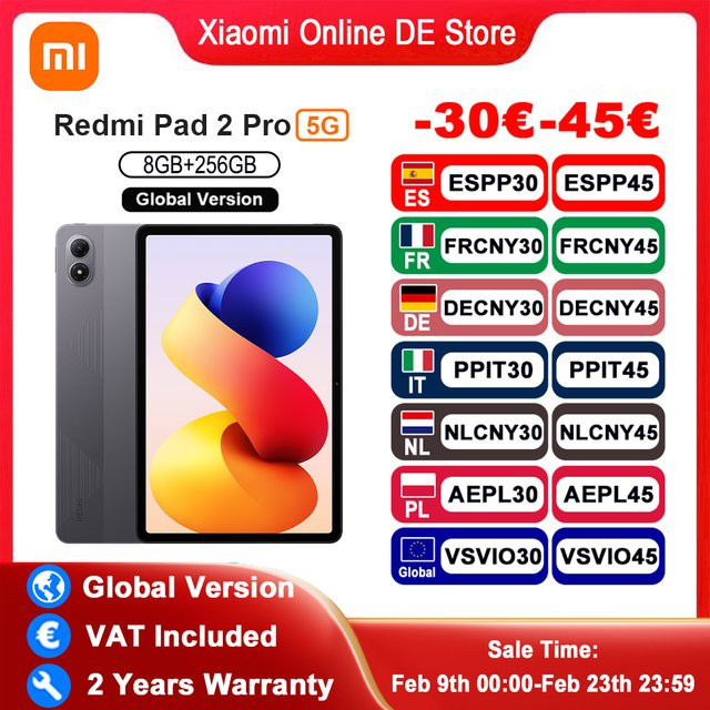 Xiaomi Redmi Pad 2 Pro 5G Tablet Global Version mit 256 GB Speicher, 8 GB RAM, 12,1 Zoll 2,5K Display in Grau - Bild 1