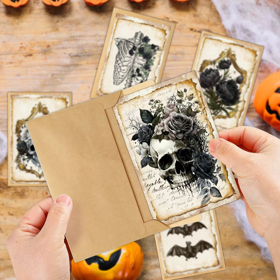 12 Stück gotische Halloween-Grußkarten mit Umschlag in Schwarz und Multicolour mit schwarzer Rose und Skelett-Design aus Papier - Bild 4