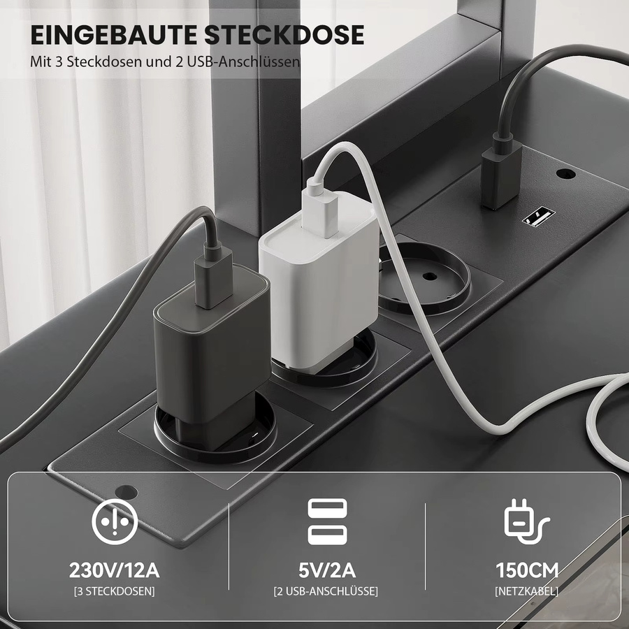 ThomP L-förmiger Gaming Schreibtisch in Schwarz mit RGB LED Beleuchtung, Regal und integrierter Steckdose, Breite: 148 cm - Bild 4