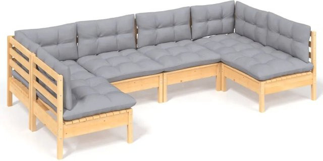 vidaXL 6-teiliges Garten-Lounge-Set aus massivem Kiefernholz in Braun-Grau mit grauen Polstern und Rückenkissen - Bild 1