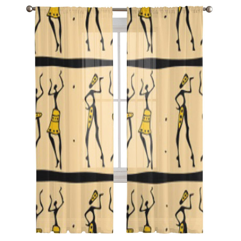 Super Six Transparente Chiffon-Fenstervorhänge mit Afrikanischem Tänzer-Motiv in Beige, B: 135 cm, H: 114 cm - Bild 4