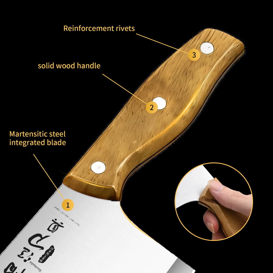 Multifunktionales Küchenmesser von PLYS aus Edelstahl mit gelbem Holzgriff als Koch- und Fleischmesser - Bild 3