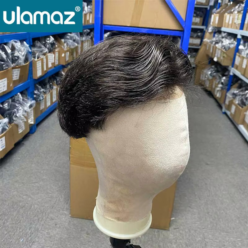 Ulamaz Herrenperücke Echthaar, Lace Front, Schwarz - Bild 2