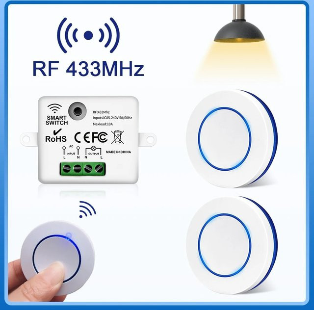 GGBEE Drahtloser Lichtschalter mit RF433MHz Fernbedienung und 10A Relais-Controller, Mini Rundes Wandpaneel mit Taste für LED Lampen, Weiß - Bild 1