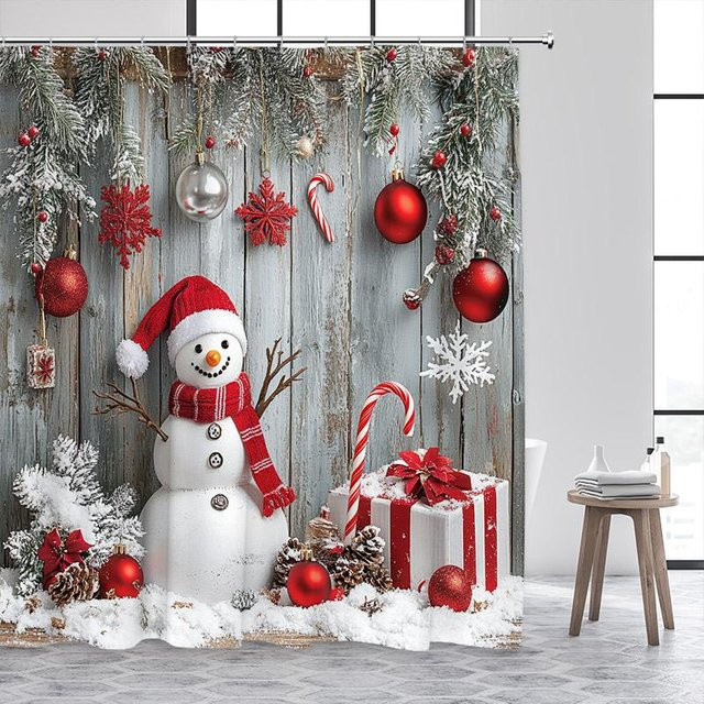 Weihnachts-Duschvorhang mit Schneemann und Weihnachtsbaum Motiv, Weiß, B/H: 90 x 180 cm - Bild 1