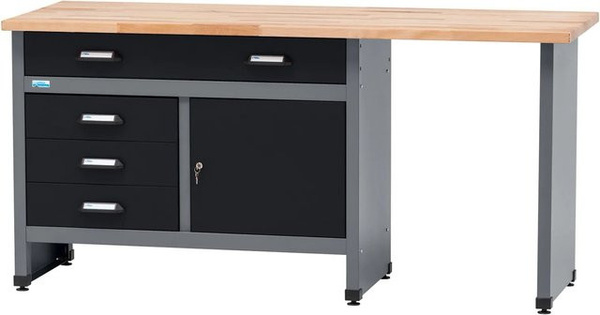 Küpper Werkbank Eintürig mit 4 Schubladen aus Vollbuchenplatte, Schwarz-Hellgrau, B/T/H: 84 x 60 x 170 cm