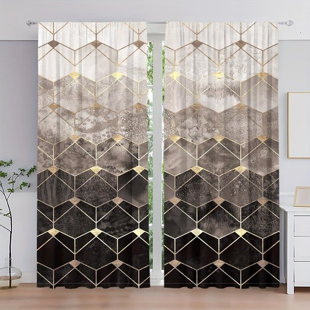 2er-Set dekorative Vorhänge mit Marmormuster in Weiß und Multicolour, halbtransparent, Material Polyester, B: 100 cm, H: 130 cm - Bild 1